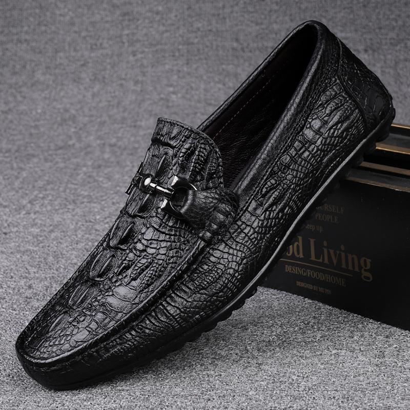 Fashion Italian Handmade Shoes Genuine Leather Black Formal Shoes Casual Loafers Men's Crocodile Pattern Fashion Check Moccasins Shoes