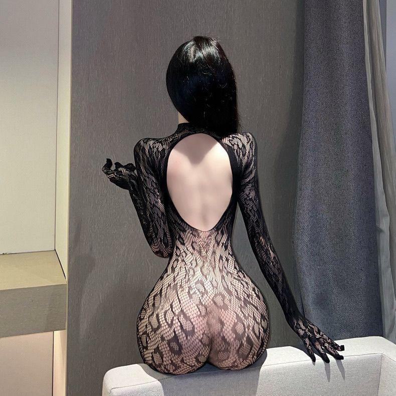 Leopard Print Mesh One-Piece Bodystocking with Gloves