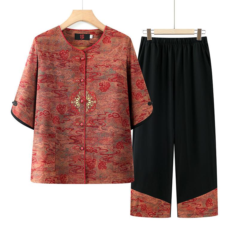 

Elderly Summer Suit Embroidered Middle-aged Ladies Fashionable and Comfortable Shirt Suit XL