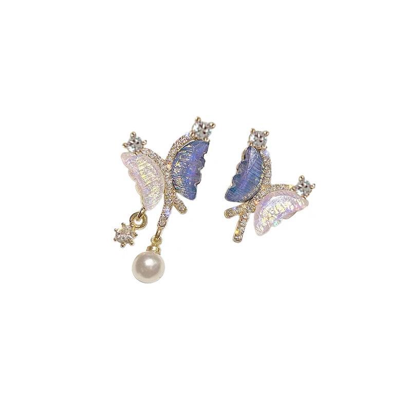 Super Fairy Butterfly Asymmetrical Mosquito Coil Disc Ear Clips, Colorful Crystal Earrings Women's Ins Niche High-end Spring and Summer Earrings