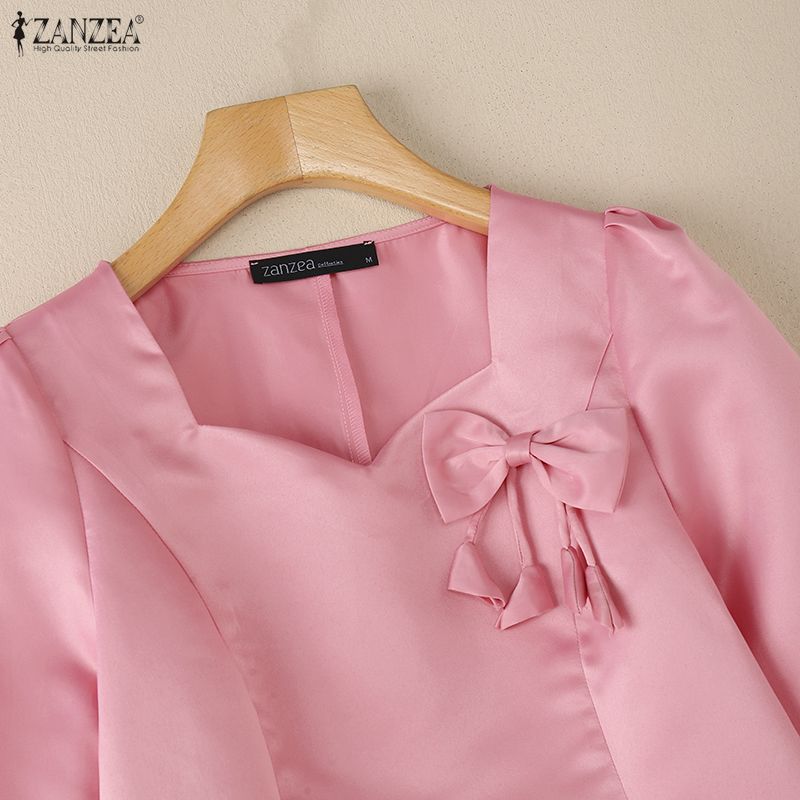 ZANZEA Women Casual Round Neck 3/4 Sleeve Loose Satin Blouse