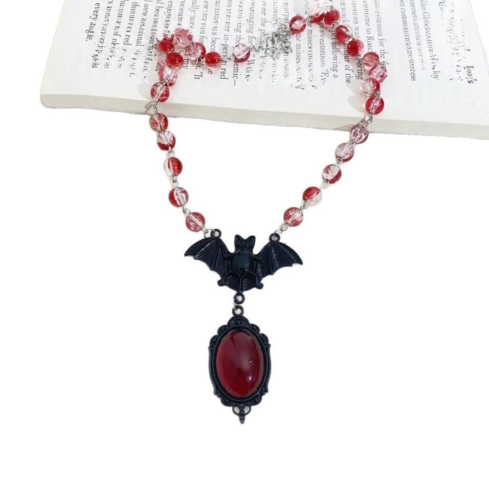 Punk Temperament Black Bat Blood-colored Crystal Pendant Round Bead Necklace for Women Halloween Party Gothic Vampire Jewelry