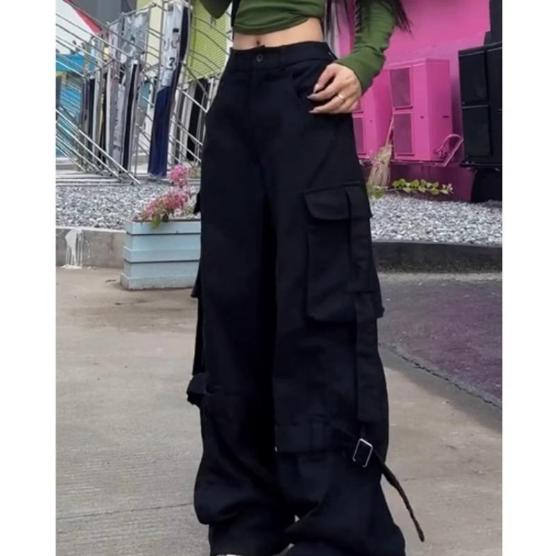 Spring Autumn Hipster Loose Casual Pockets Cargo Pants Women Solid Color Fashion All-match Wide Leg Trousers