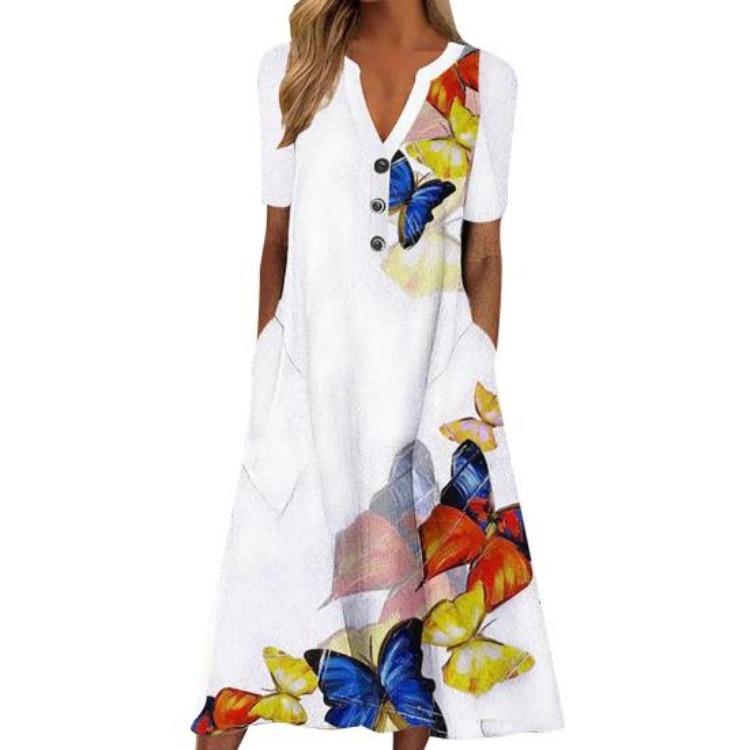 Long T Shirt Dress for Women Summer Casual Button Up V Neck Short Sleeve Printed Maxi Swing Beach Sundress