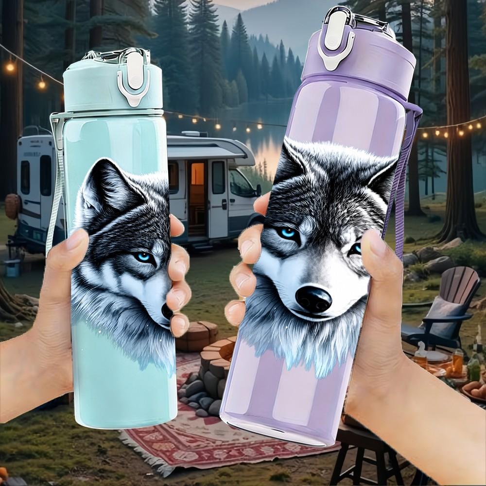 1PC Grey Wolf Head Portrait 750ml Color Plastic Sports Water Bottle Leakproof Flip Straw Lid Suitable for Sports Office Home Use