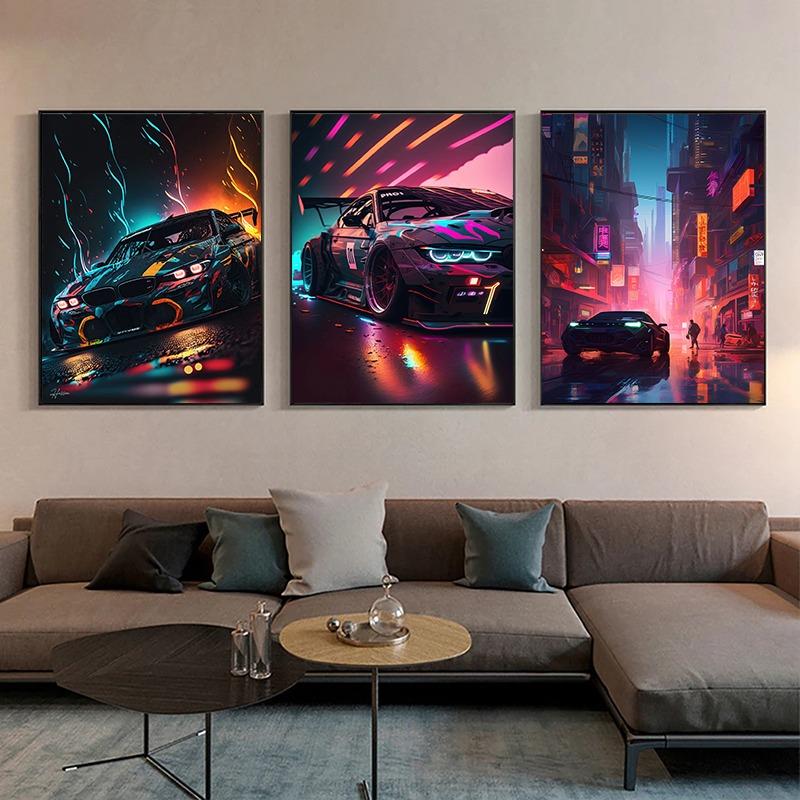 Modern Cars Vintage Sport Neon Car Gold Night Painting and Prints Canvas Poster Wall Art Pictures for Living Room Decor Cuadros