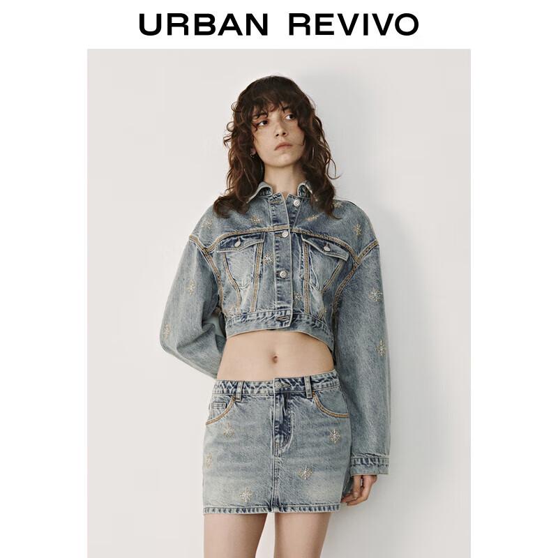 

UR Ретро Джинсовая Куртка с Контрастной Отстрочкой и Бисерной Отделкой L