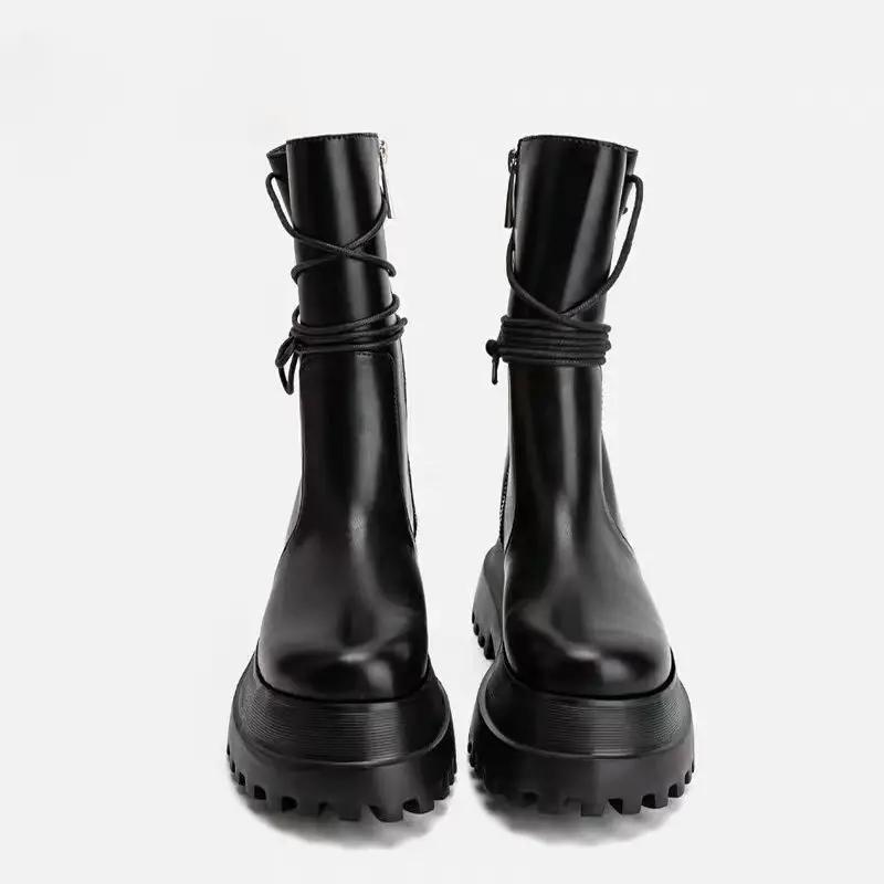 Biker Leather Shoes for Women Mid Calf Footwear Black Ladies Boots Half High Platform Cosplay New In Trend 2025 Chic and Elegant