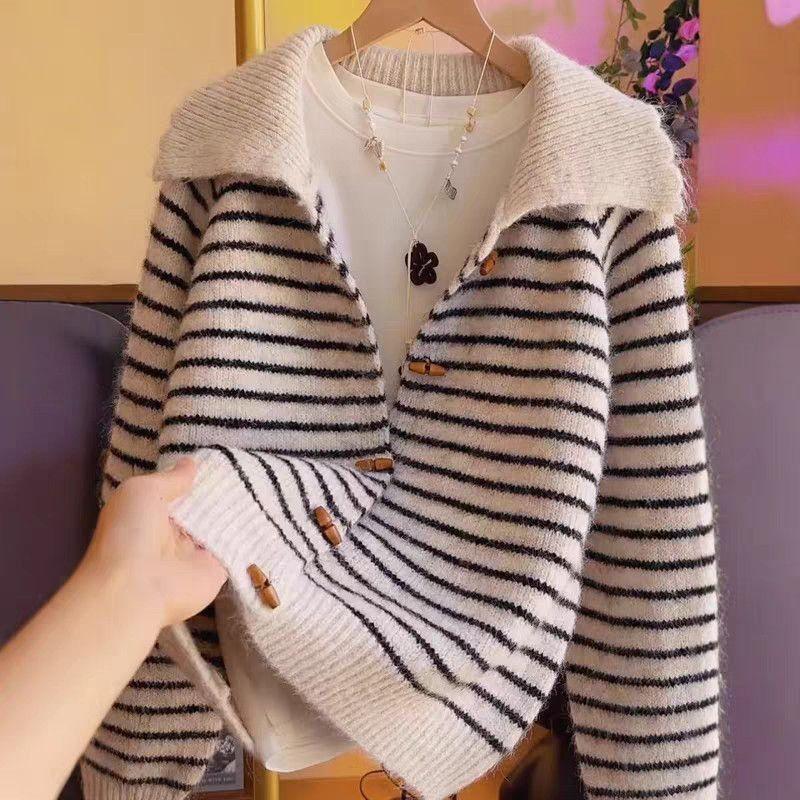 WTEMPO Women's Retro Striped Lapel Long Sleeved Knitted Sweater Loose Sweater Cardigan