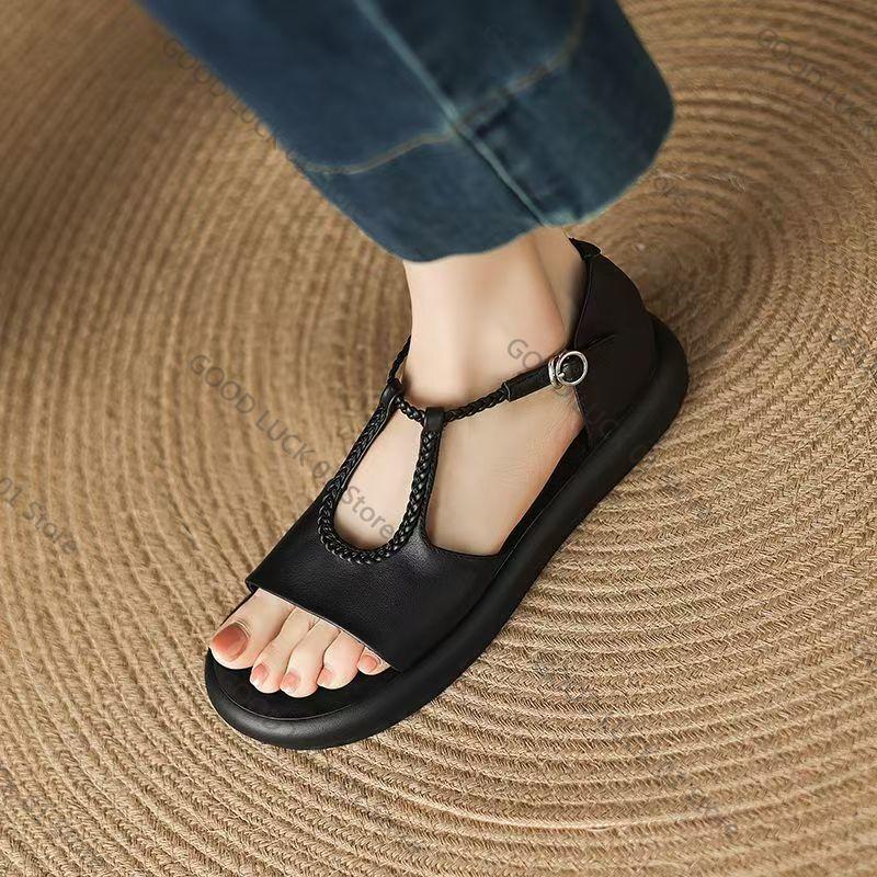 

Fashion Bla Leather Flat Bot Sandals Women s Summer Outdoor Wear Soft Bot Beach Roman oes Red Qingng New 2025 Sle 40 чёрный