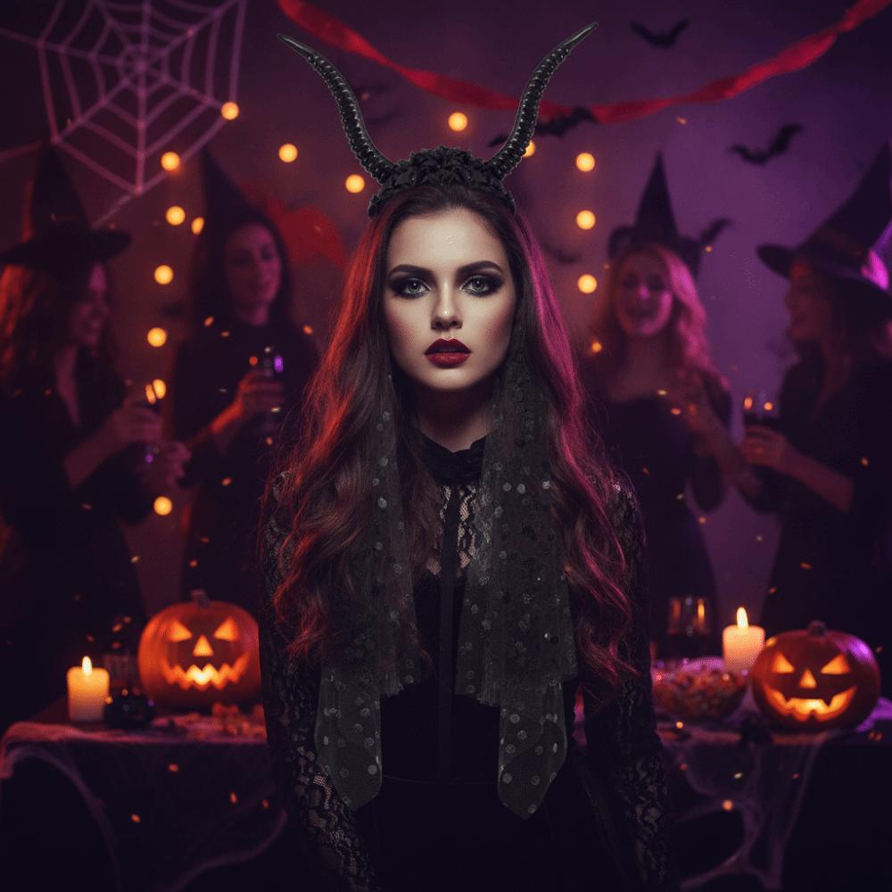 Black Halloween Devil Headwear with Veil Sheep Horn Headband Adults