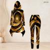 Women Plus Size Black Gold Green Printed Hooded Long Sleeve High Low Top And Fitted Pants Two Piece Set