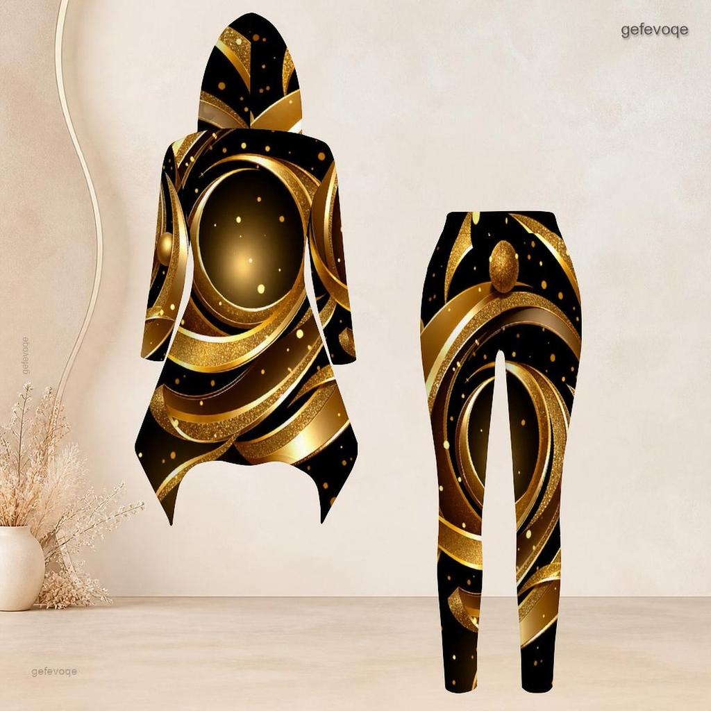 Women Plus Size Black Gold Green Printed Hooded Long Sleeve High Low Top And Fitted Pants Two Piece Set