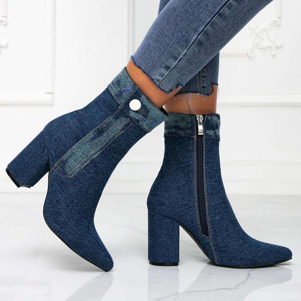 Denim Pointed Toe Chunky Heel Ankle Boots with Slimming Side Zipper - European Style Women's Versatile Fashion.