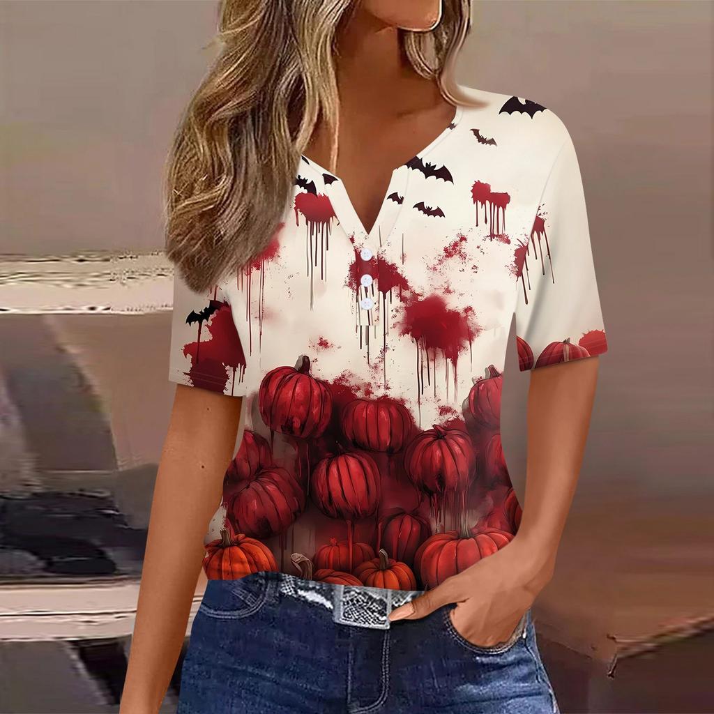 Women's T Shirt Halloween Print Button Short Sleeve Daily Weekend Fashion Basic V- Neck Regular Top