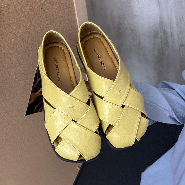 Leather Square Head Sandals Women's 2025 Summer New Hollow Retro Woven Fashion Versatile Two Wear Platform Roman Shoes