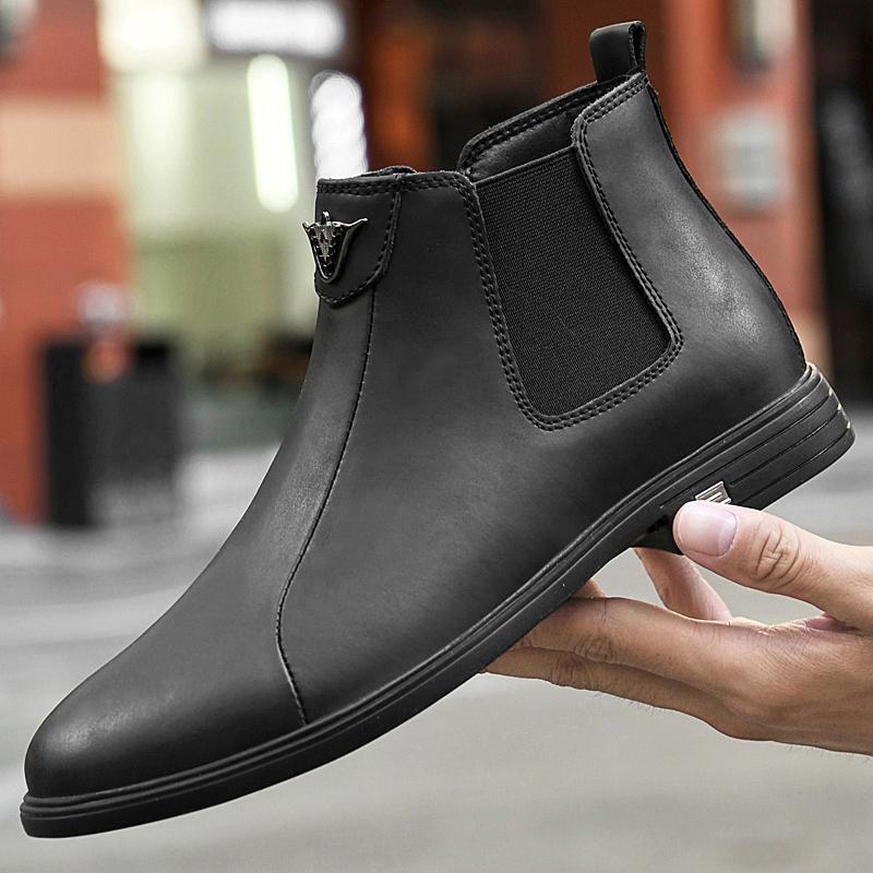 Fashion Winter Plush Warm Men Chelsea Boots Formal Business High Top Shoes British Style Ankle Boots Genuine Leather Male Business Shoes