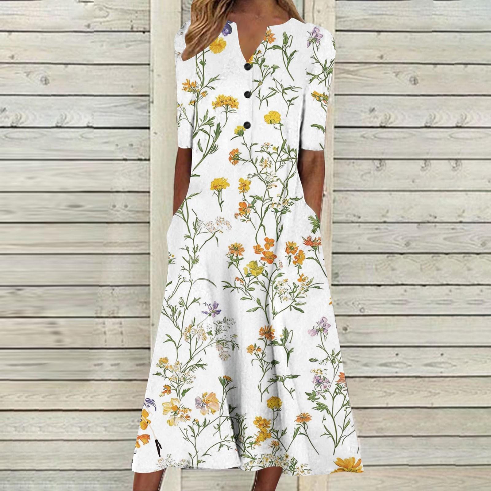 

Жіночі літні сукні V-подібний виріз з квітковим принтом сукня міді повсякденні сукні з коротким рукавом модні легкі святкові сарафани M бежевий