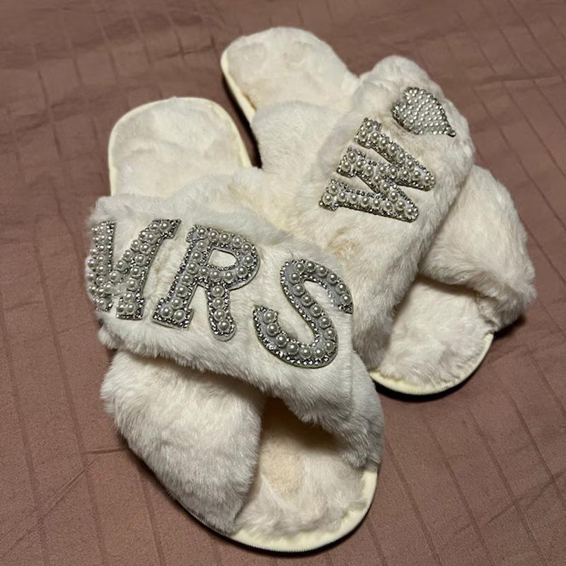 Women Home Furry Slippers Fork Strap Bride Wedding MRS Slippers Cozy Indoor Footwear