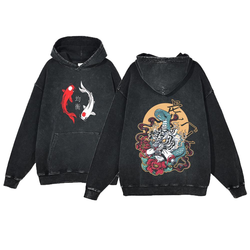 Y2K Anime Hoodie Ukiyoe Koi Fish Vintage Acid Wash Sweatshirt Men Hip Hop Hoodies Long Sleeve Oversized Pullover