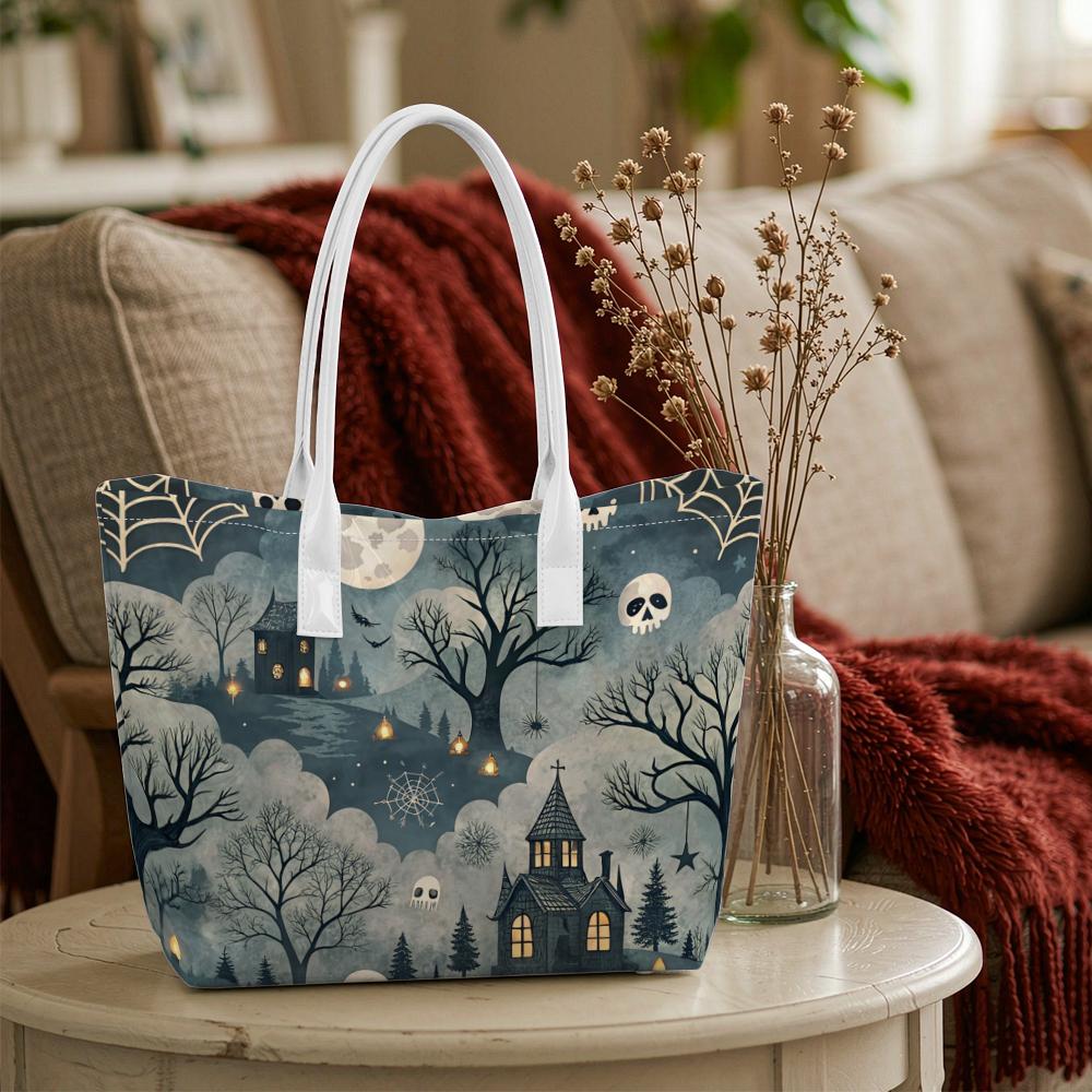 Halloween Gothic Spooky Castle Skull Print Women Large Casual Shoulder Tote Bag