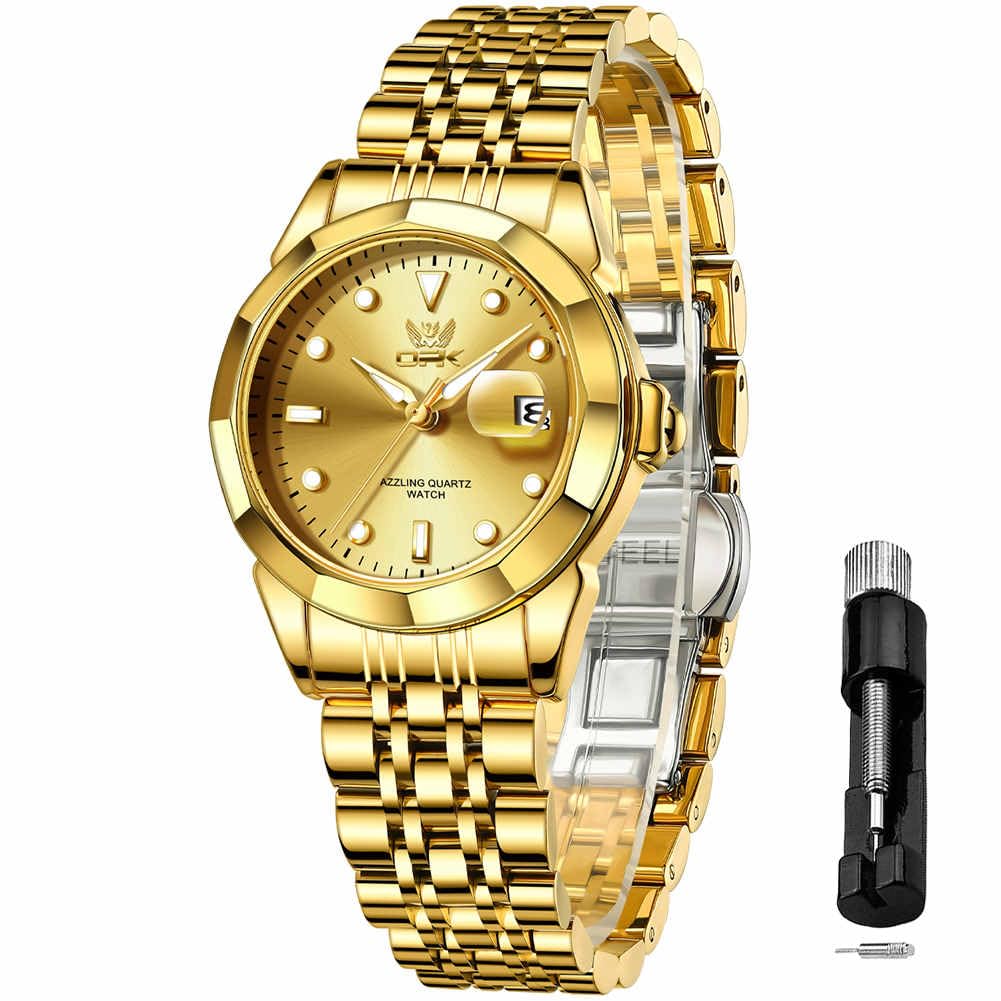 OPK Quartz Easy to Date Water Stainless Steel Gold Women's Watch, Fashionable, Popular, Casual, Stylish, Lightweight, Read, Display, Resistant,