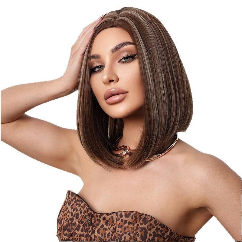 Womens Golden Brown Straight Bob Wig With Center Part Heat-Resistant Synthetic Hair Short Locks To Collarbone Length