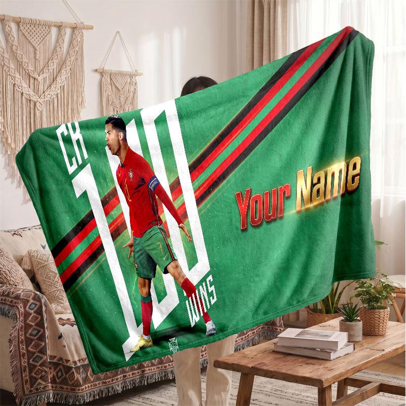 Cristiano Ronaldo Personalized Fleece Blanket With Football Logo, Custom Name Text Soft Warm Home Throw Blanket