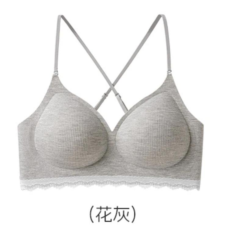 Pink Ribbed Wireless Bra with Lace Trim and 2cm Padded Cups S серый
