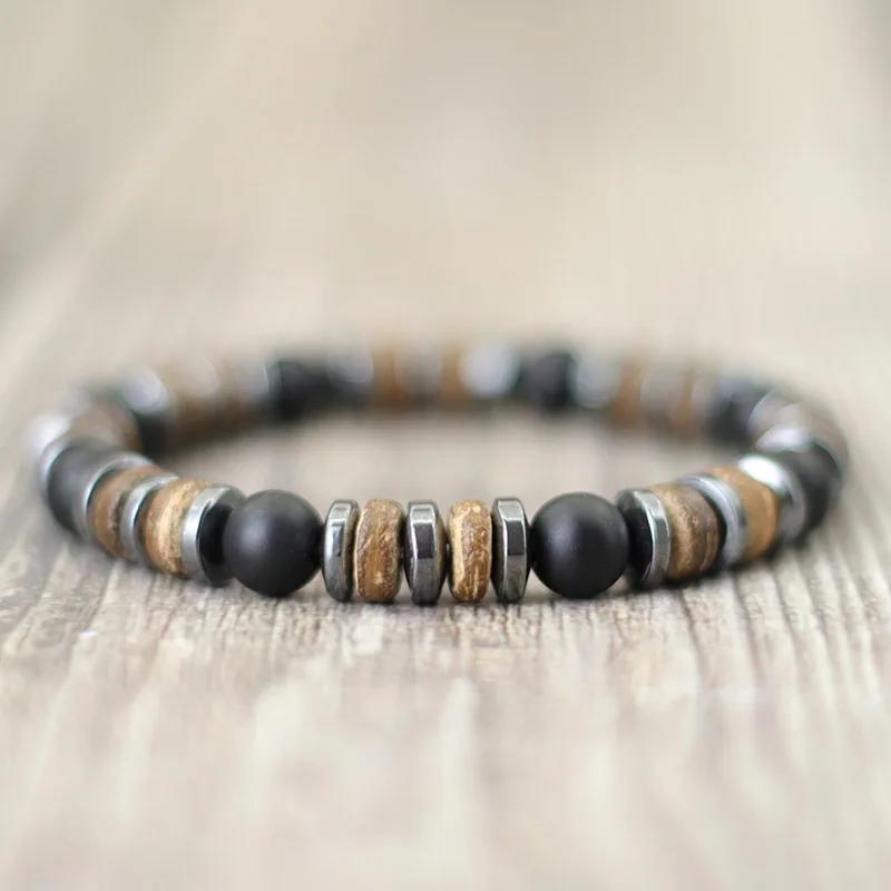 Nouveau Vintage hommes Bracelet pierre naturel bois Bracelet Homme hématite yeux de tigre Braslet noix de coco perle Brazalete Pulsera Hombre