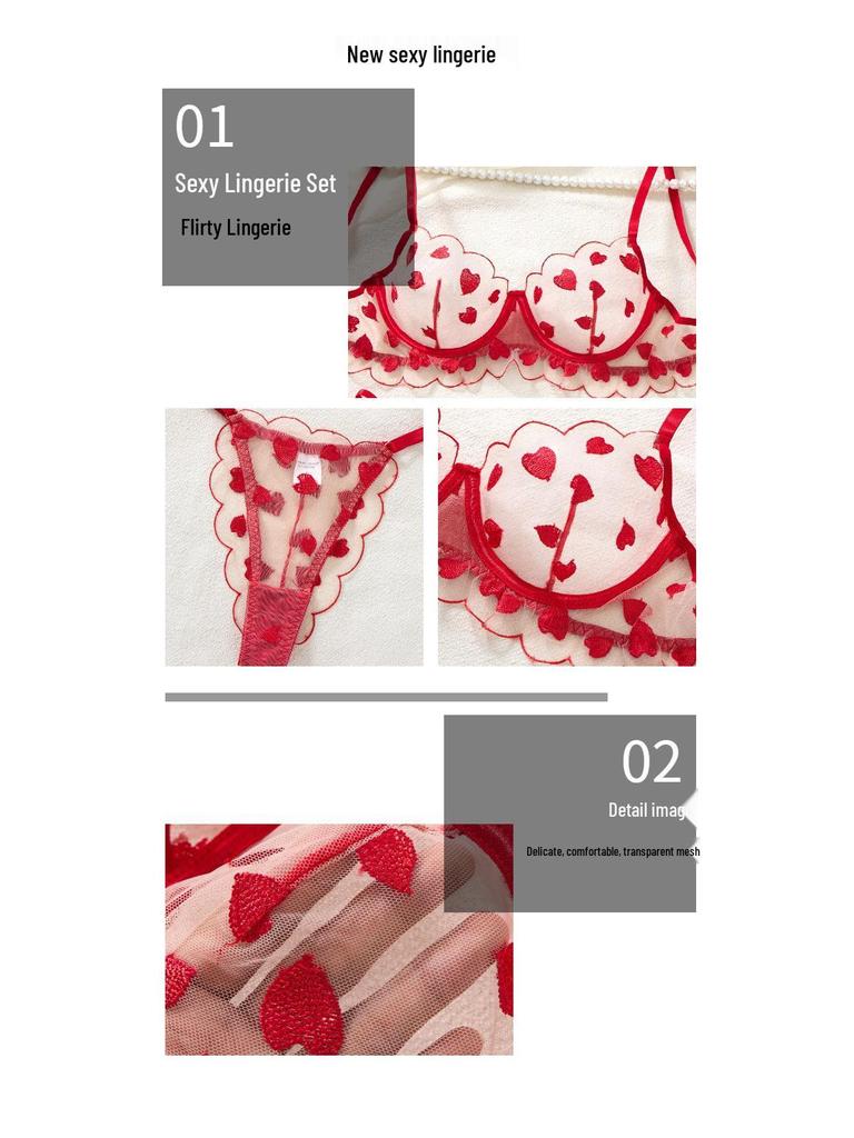 Red Heart Embroidered Mesh Lingerie Set - Sexy Push-up Bra with Anti-sag Support, Desire Style 203