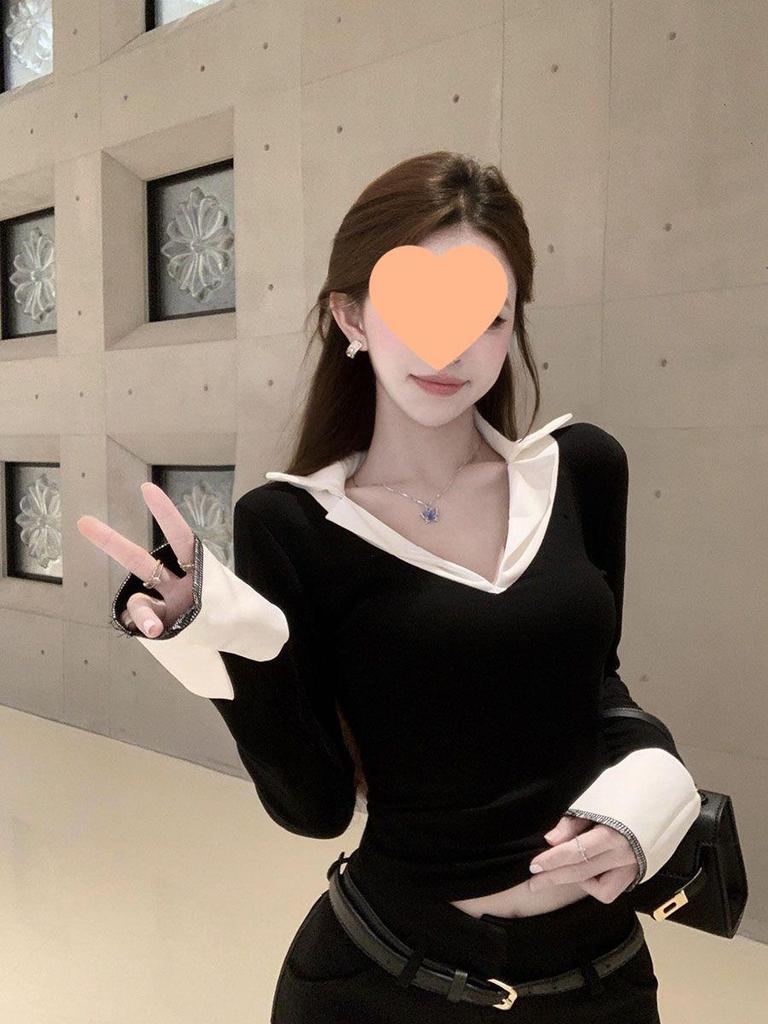 Würziges Mädchen V-Ausschnitt Figurbetont Schwarz Patchwork Zweiteiliges Oberteil - Langarm-T-Shirt für Herbst/Winter