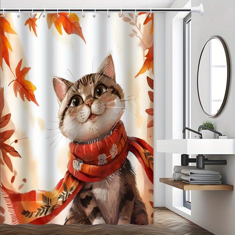 

Charming Autumn Cat Bath Curtain - Cozy Scarf & Falling Leaves, Waterproof Home Decor Adds Warmth and Charm to Your Bathroom W90XH180cm
