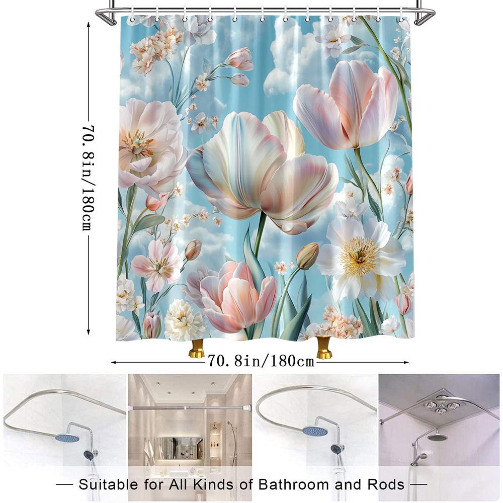 1Pc Pastel Floral Shower Curtain - Realistic Tulips & Clouds, Soft Flowers, Polyester, 70X70In, 12 Hooks, Washable, All-Season