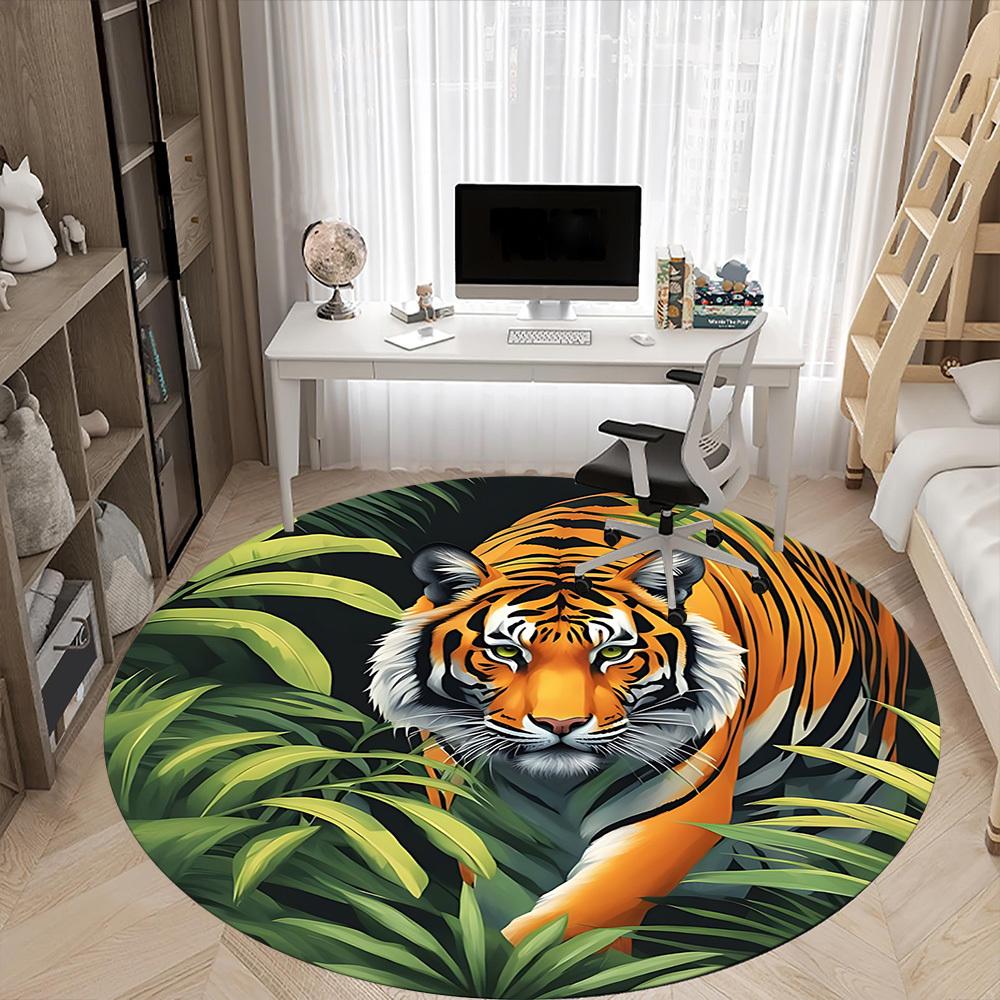 1pc Tiger Jungle Print Chair Carpet for Office, Round Non Slip Durable Large Size Office Carpet, Suitable for Office