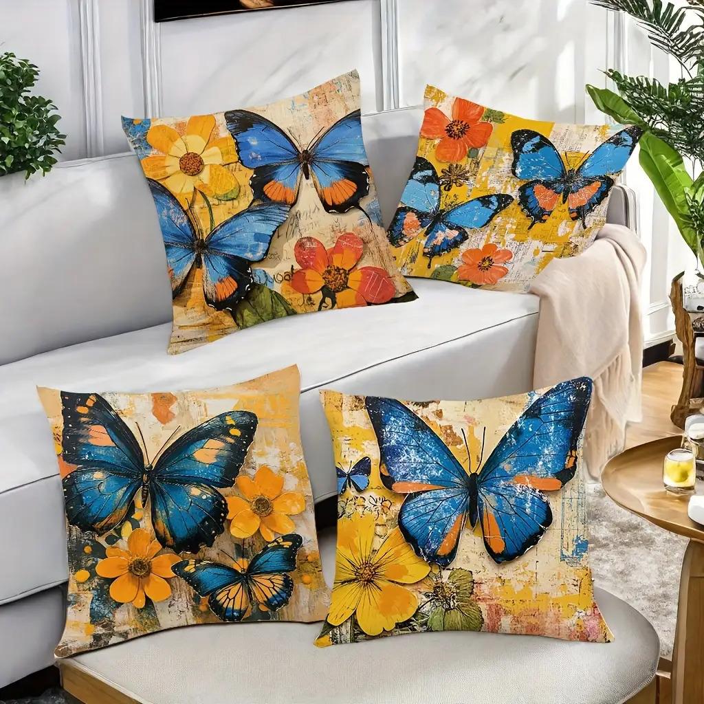 Vintage Blue Butterfly Pillow Covers, Floral Ephemera Art Decorative Throw Pillow Cases, Boho Nature Home Decor Cushion Covers