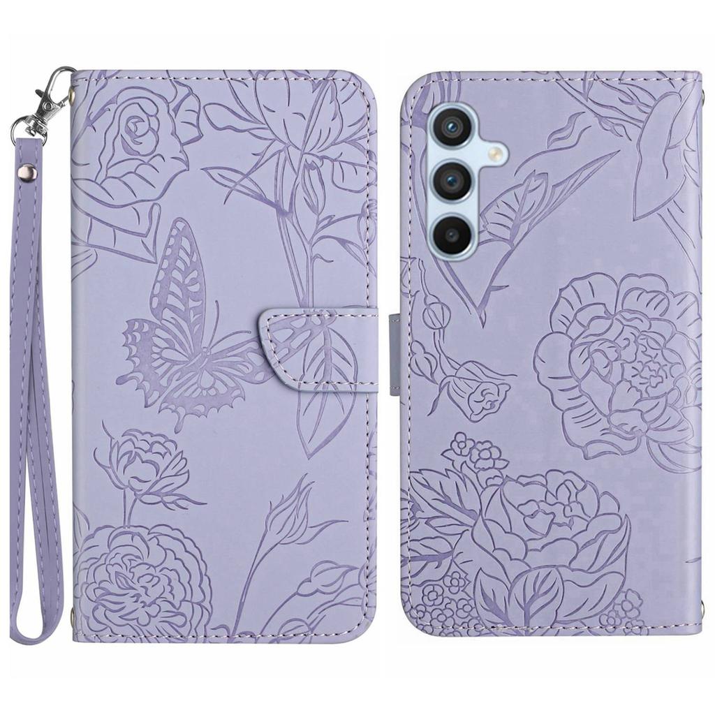 Applicable To Samsung S24 Butterfly Embossed Mobile Phone Leather Case A15 Card Holder Solid Color Lanyard Protective Case A05S Hand Rope