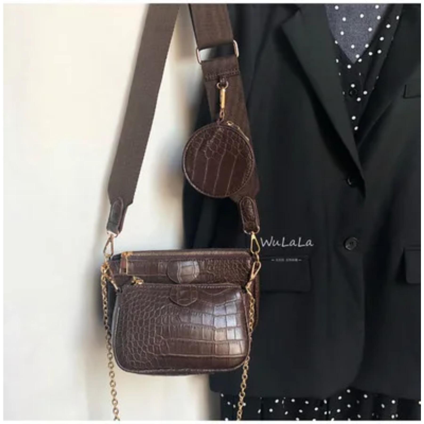 

Vintage Crocodile Women Shoulder Bag Luxury Designer Wide Strap Crossbody Bag Chain Sling Bag Pu Leather Ladies 3 Bag Set Wallet