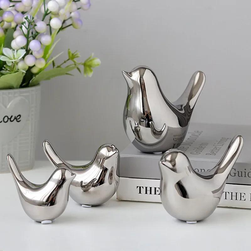 Nordic Silver Ceramic Bird Figurine, Mini Animal Statue for Living Room Desk Decor, Wedding Gift & Modern Home Decoration