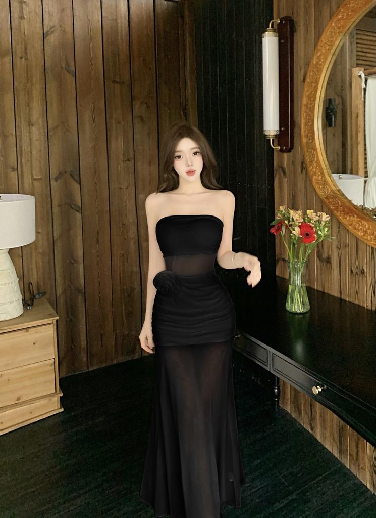 French retro tube top dress women's three-dimensional flower waist thin neckline perspective chest wrap hip long dress white