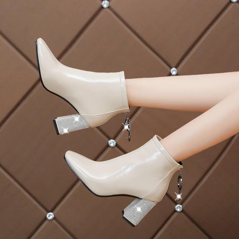 

Модные женские ботинки, повседневные ботинки на молнии, теплые женские ботильоны на высоком квадратном каблуке с острым носком, размер 38