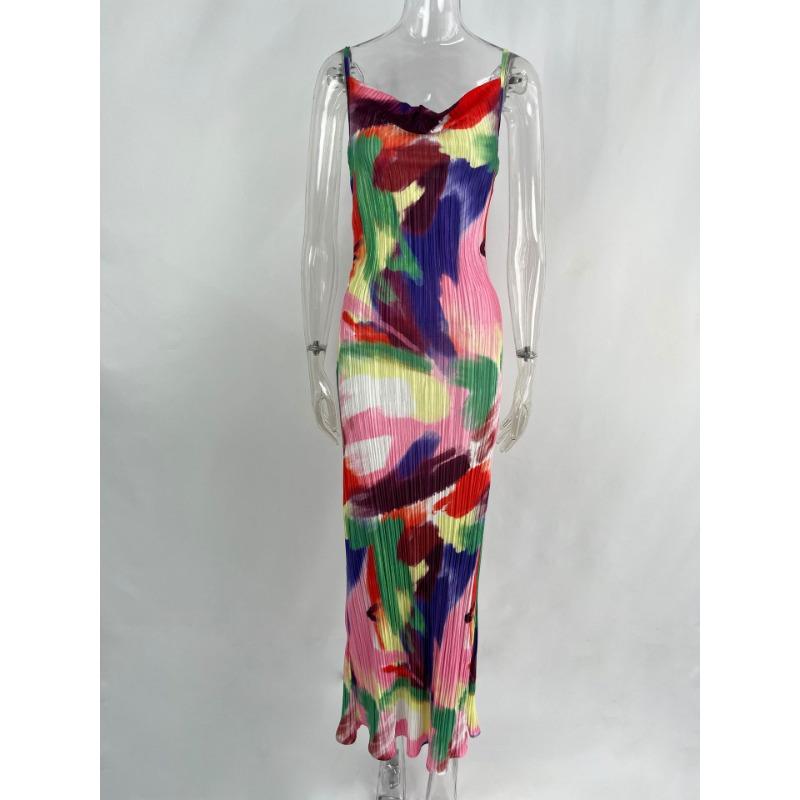 Letnia Moda Temperament Nadruk Fałdy Drukowana Sukienka Kamizelka Damska Sexy Na Cienkich Ramiączkach Szlafrok Vestidos