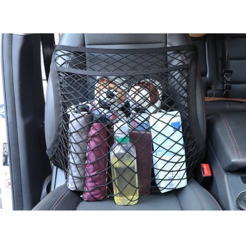 Vehicle Seat Back Storage Net, 3 Pocket Elastic Mesh Panel with Reinforced Edges and Seat Mount Belts for Cars