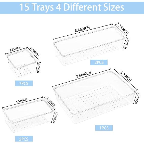 Drawer Organizers Set of 15, 4 Sizes Clear Plastic Drawer Organizers and Storage B for Kitchen, Bathroom, Office, Dresser Desk Drawer Organizer Tray
