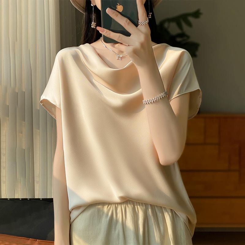 Summer new swinging collar short-sleeved T-shirt women's acetic acid satin drape thin top French temperament simulation silk inside