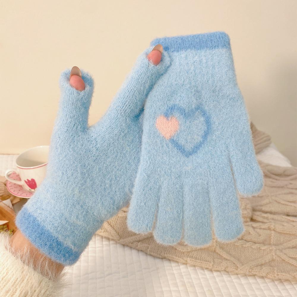 

Плюшевые перчатки с открытыми пальцами Сердце Перчатки с полными пальцами Милые Теплые перчатки Женские небесно-голубой