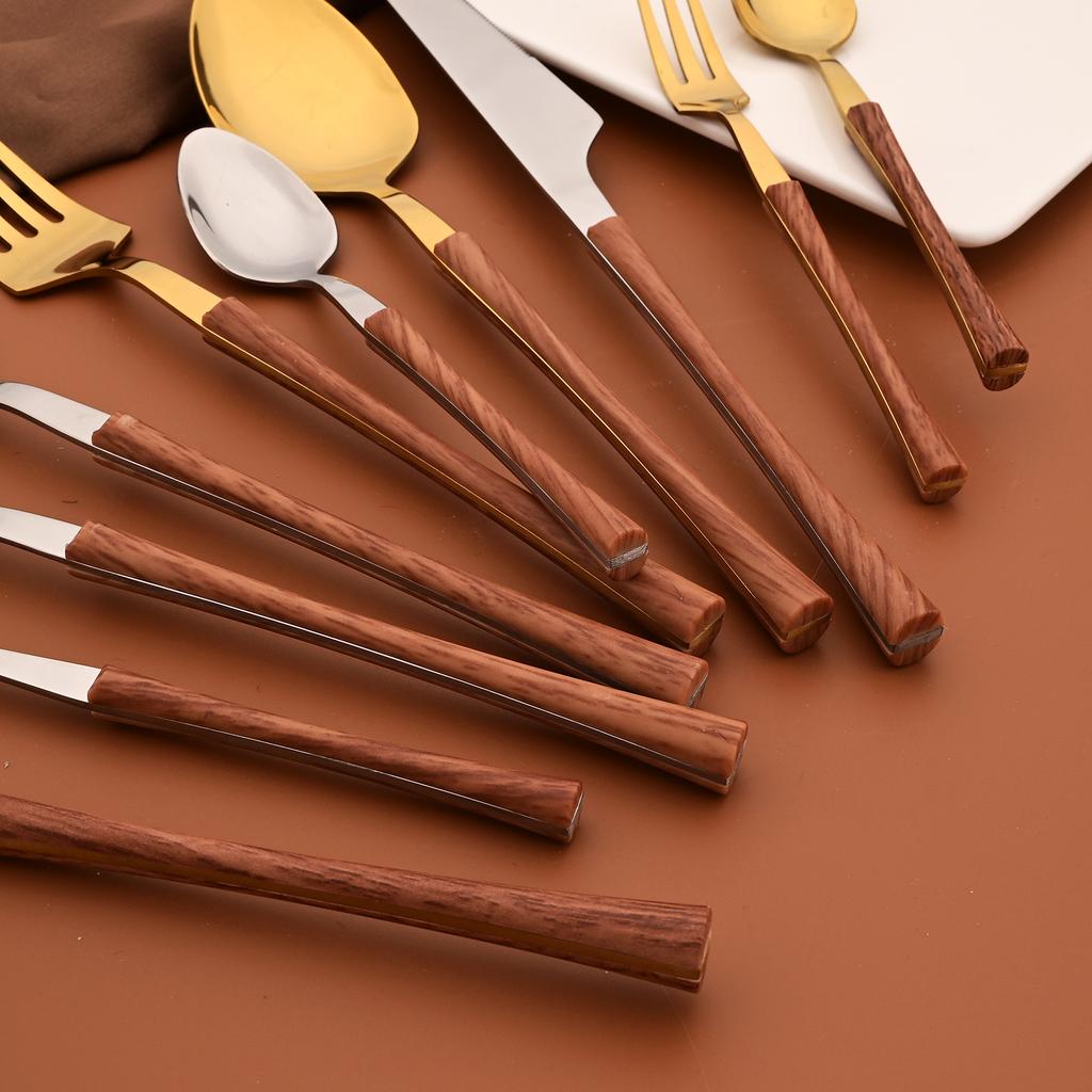 24 ks Příborů s dřevěnou rukojetí Domácí kuchyňská sada nádobí Nůž Vidlička Lžíce Čajová lžička Imitace mramoru Zrcadlová nerezová ocel Služba pro 6 osob