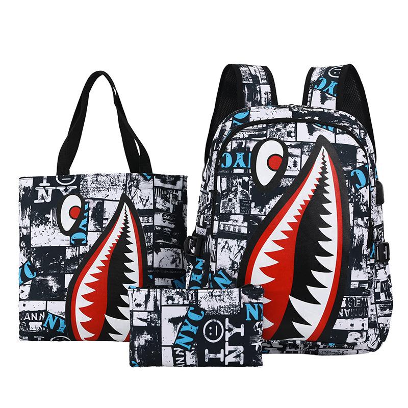 Cute Shark Set Schoolbag New Personalized Creative Men's and Women's Backpack Junior High School Campus Three-piece Backpack