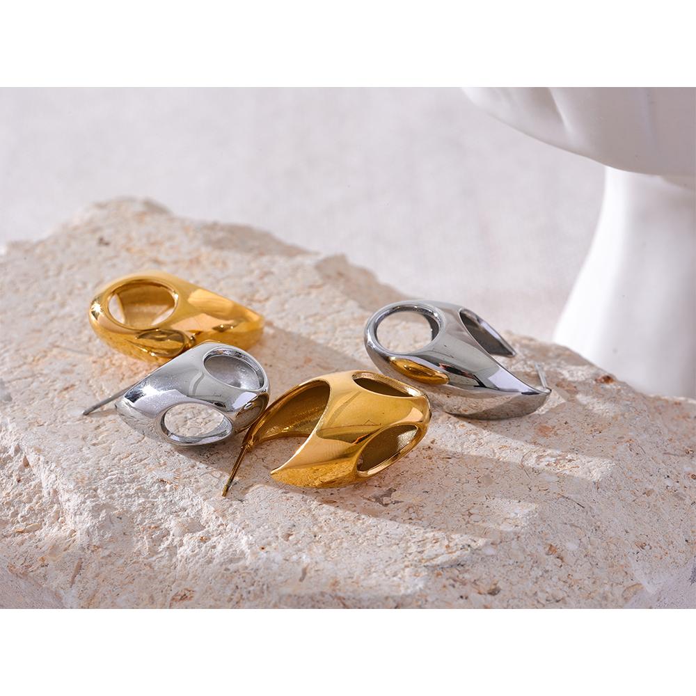 Yhpup Fashion Glossy Smooth Stainless Steel Geometric Hollow Huggie Earrings Gold Silver Color Waterproof Minimalist Jewelry