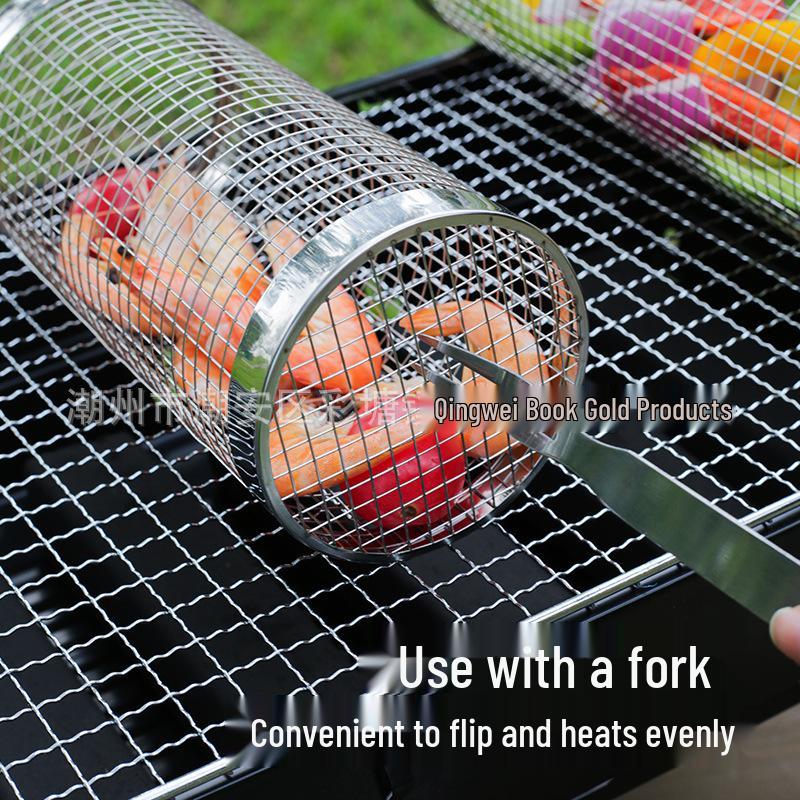 304 Stainless Steel Rotating BBQ Grill Basket - Portable Outdoor Smoker Cage with Mesh Tumbler Design